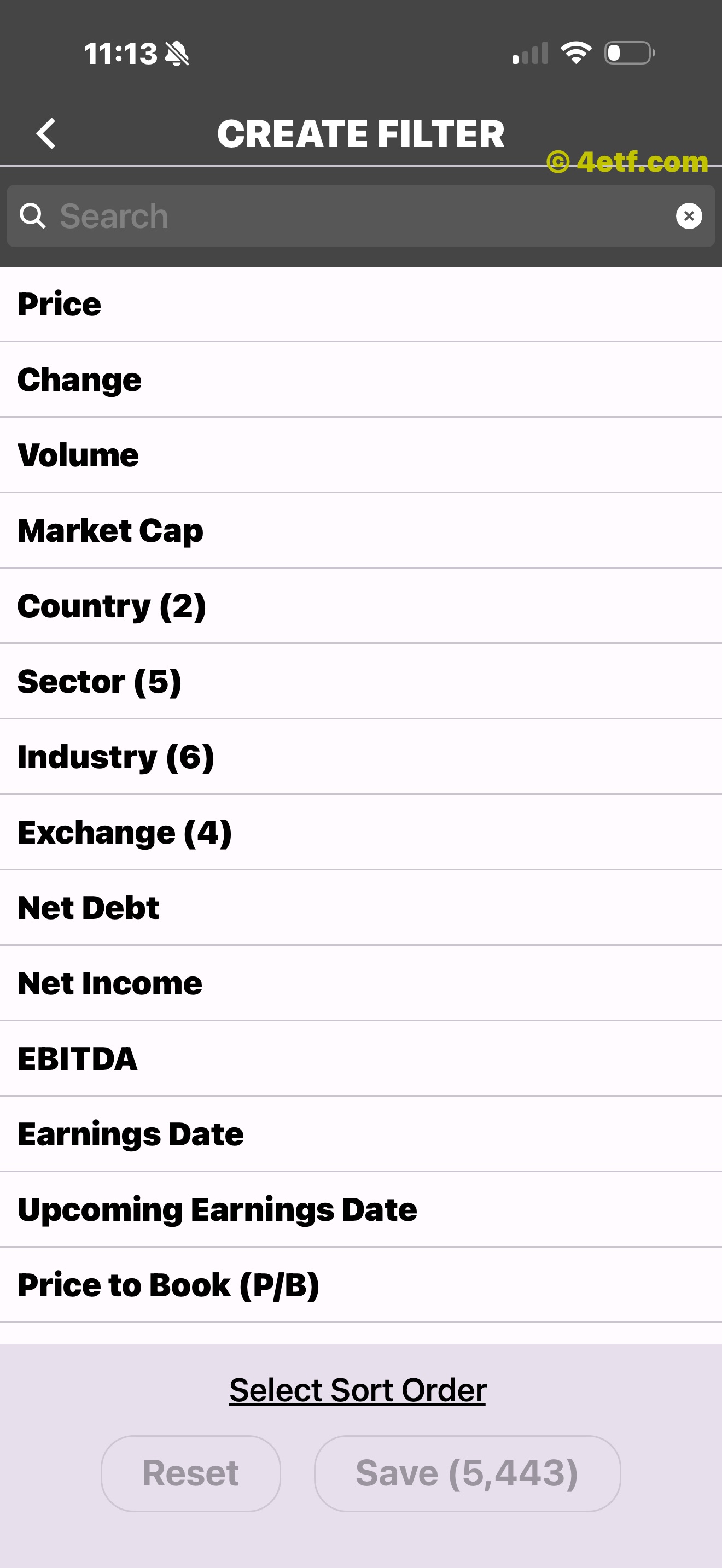 ETFon Create Filter criteria list