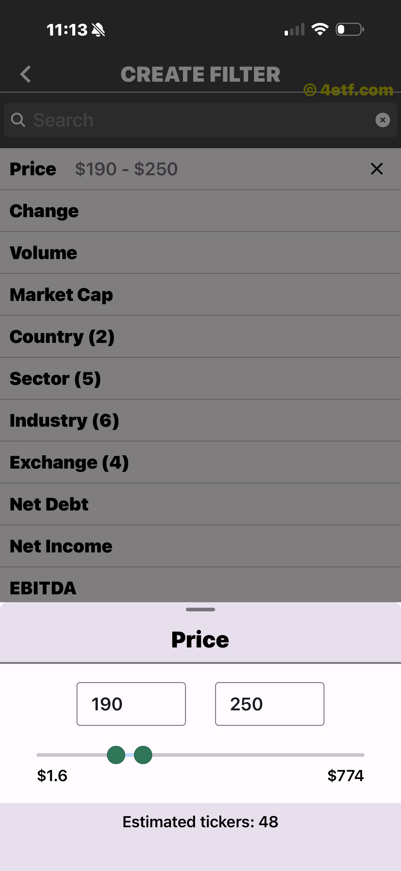 ETFon screener price-range selector