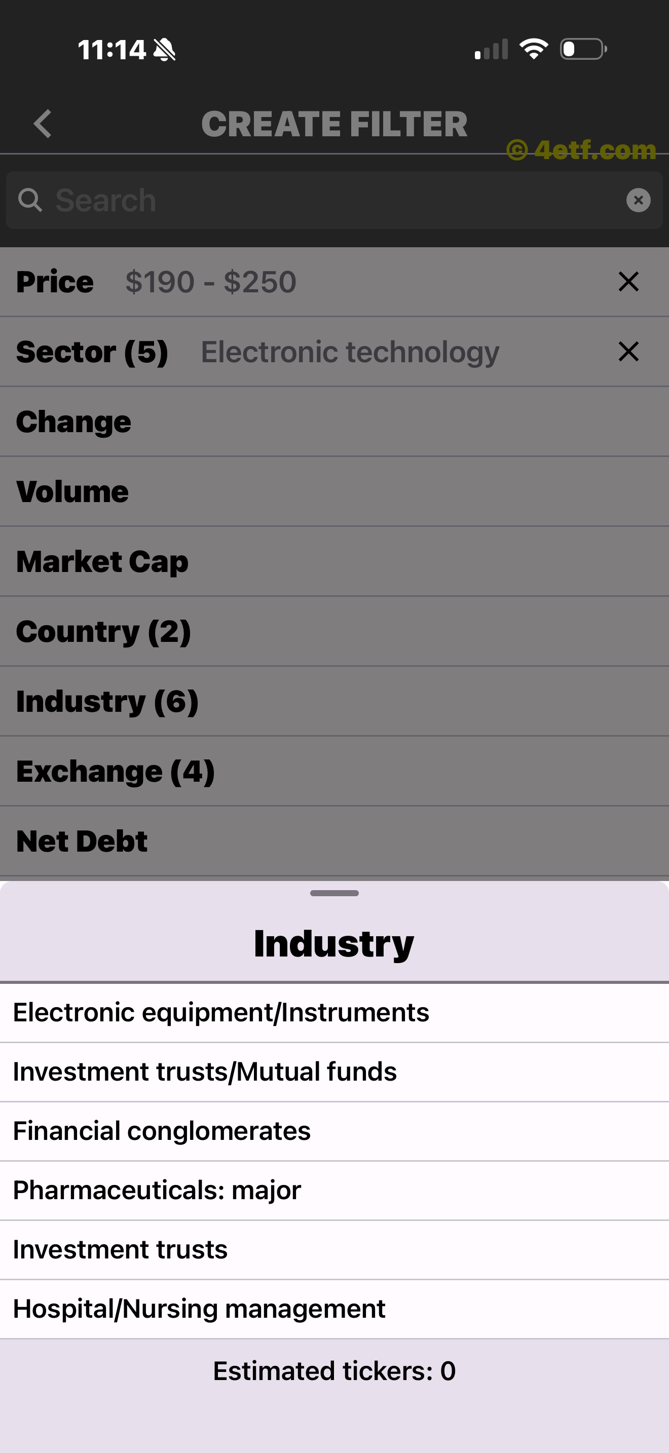 ETFon screener industry selector