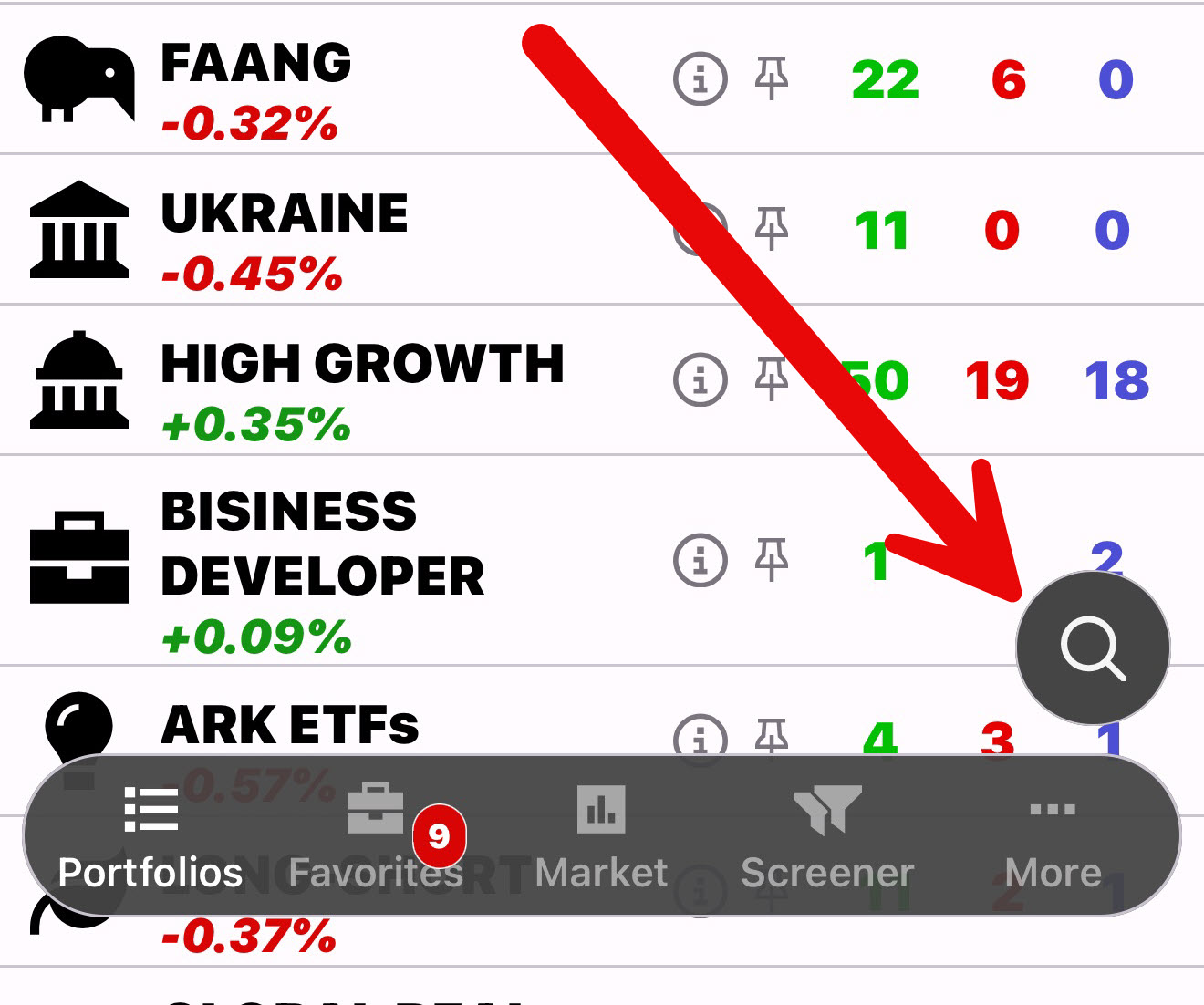 Red arrow showing the ETF search magnifier at the lower right of the ETFon screen