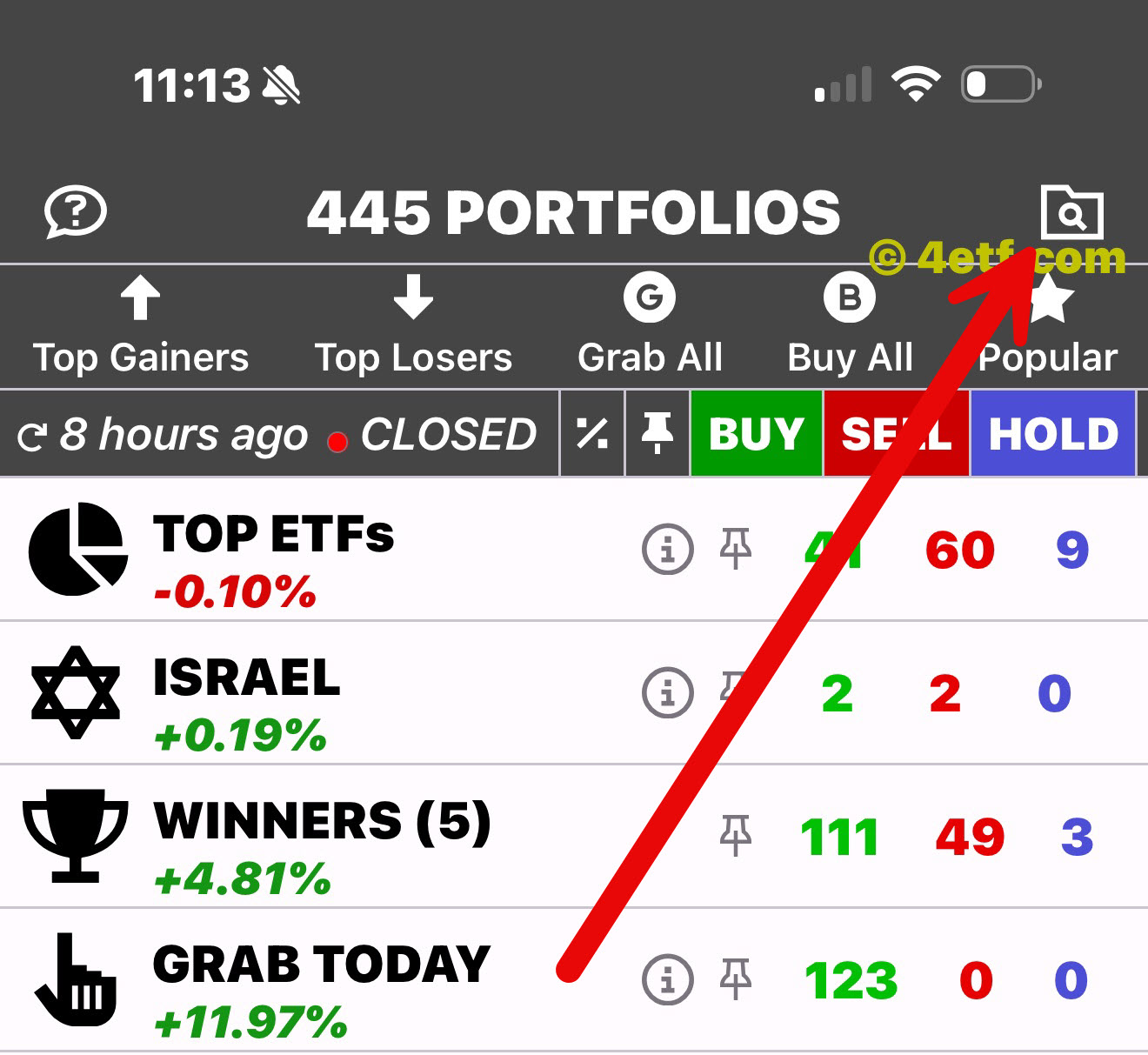 Red arrow showing the portfolio search folder at the upper right of the ETFon screen